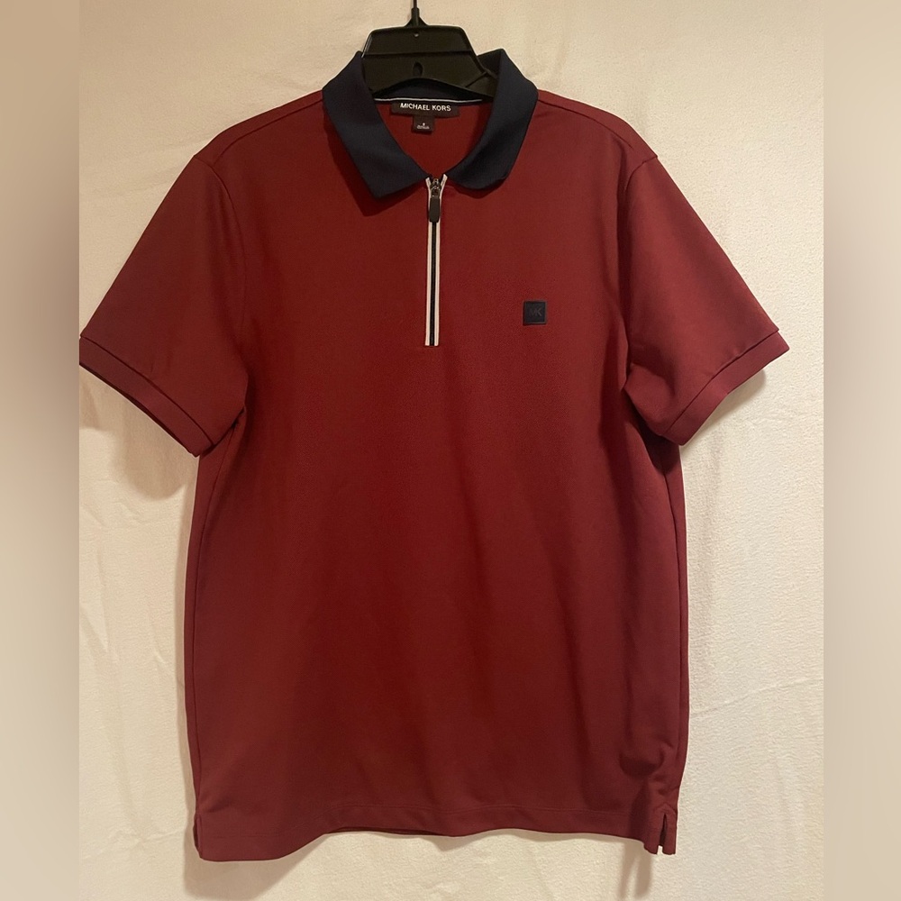 Michael Kors Maroon Polo with Navy Collar and Zipper Closure